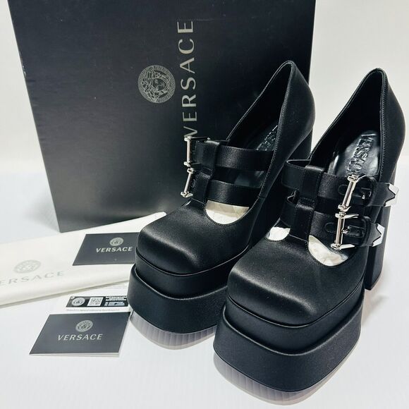 Versace Aevitas Satin Mary Jane Buckle Platform Black Pump Size 39/ 9 NWB $1,575 - Picture 5 of 14
